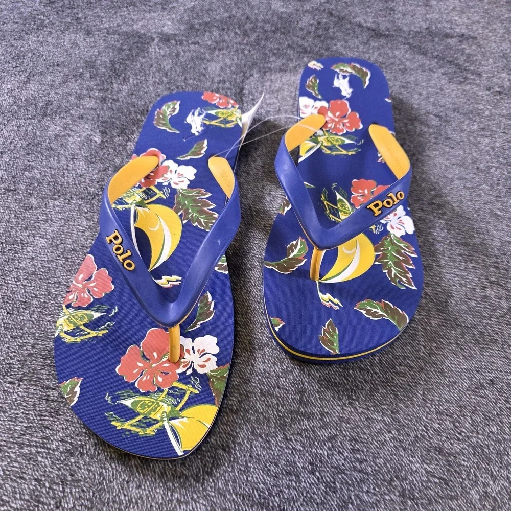 Ralph Lauren Bolt Tropical Floral Flip Flops Azure Sail Thong Sandals Size 10
